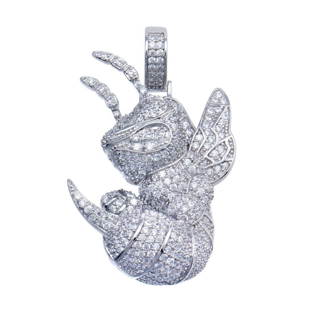 Rhodium Plated 925 Sterling Silver CZ Hornet Hip Hop Pendant - SLP00109