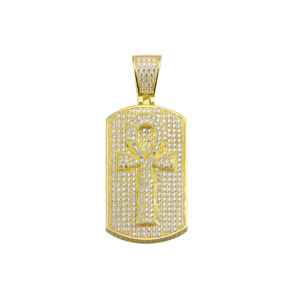 Gold Plated 925 Sterling Silver CZ Cross Dogtag Hip Hop Pendant - SLP00150GP