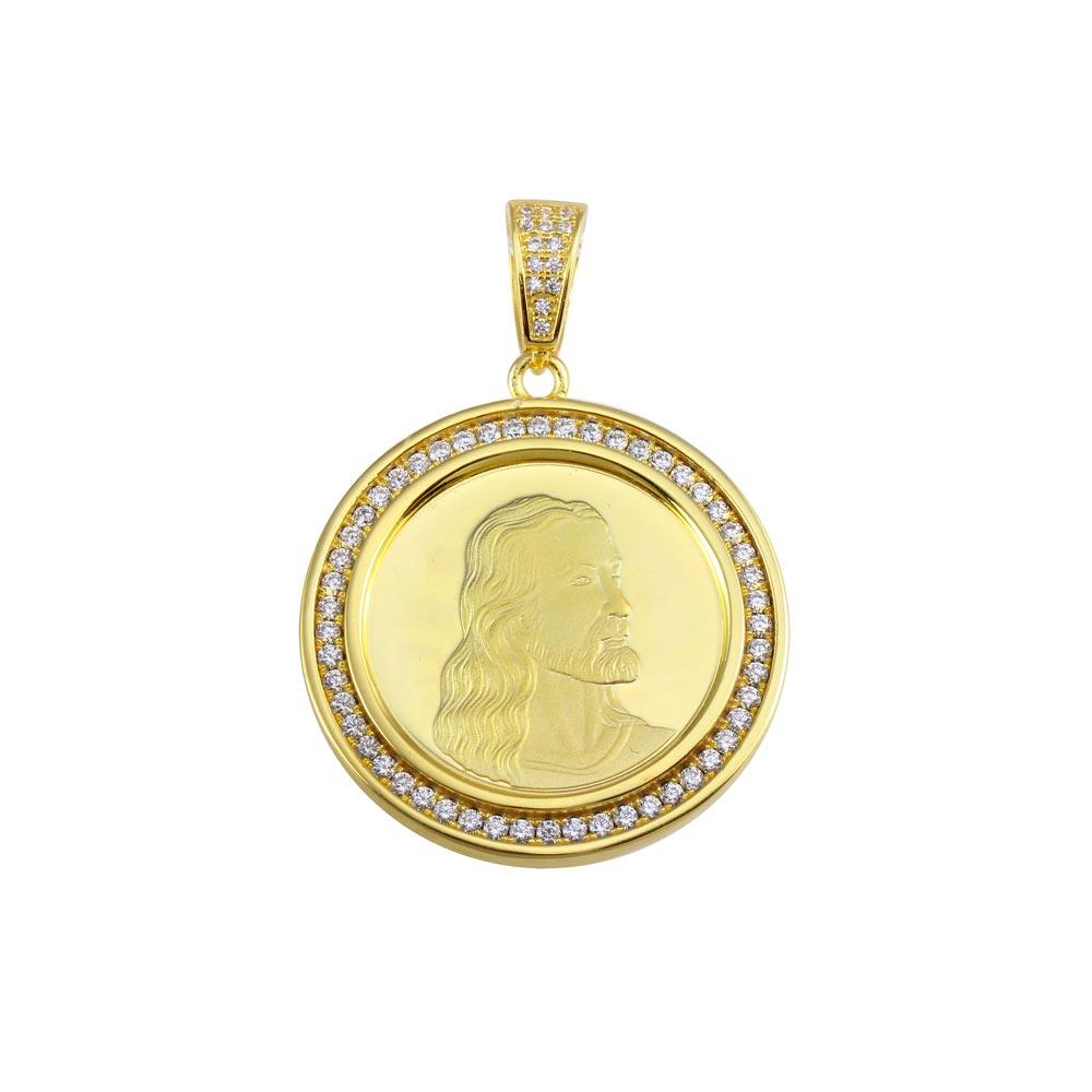 Gold Plated 925 Sterling Silver CZ Jesus Medallion Hip Hop Pendant - SLP00153GP