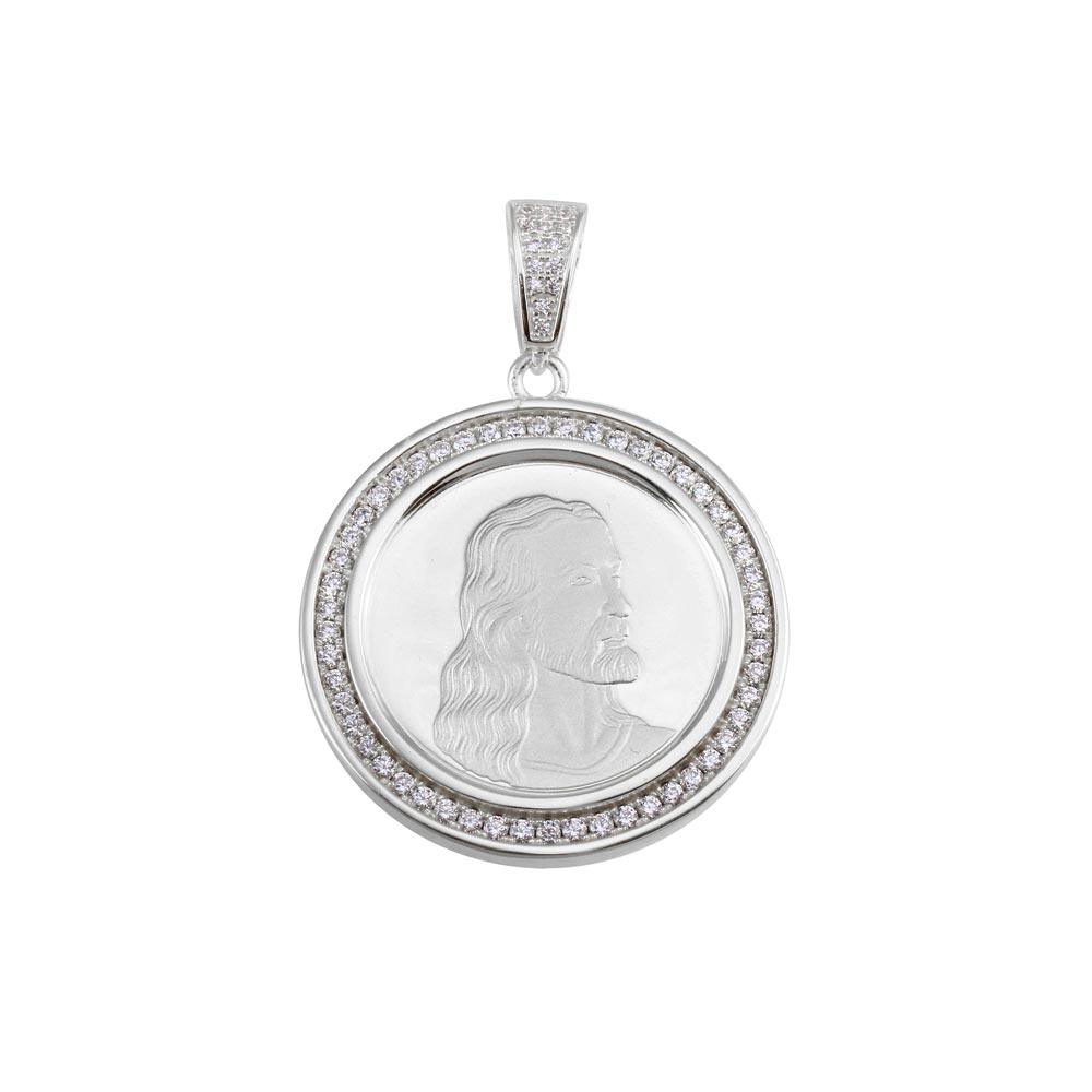 Rhodium Plated 925 Sterling Silver CZ Jesus Medallion Hip Hop Pendant - SLP00153RH