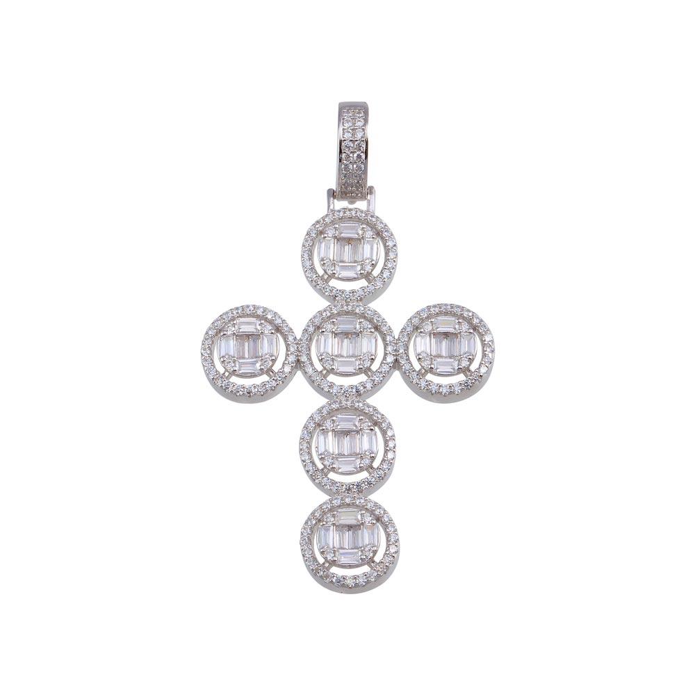 Rhodium Plated 925 Sterling Silver CZ Round Cross Hip Hop Pendant - SLP00157