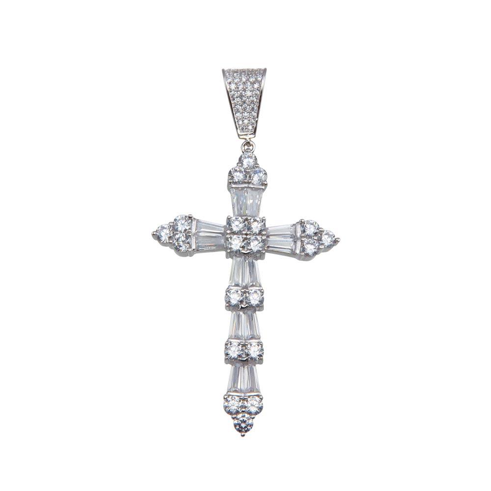 Rhodium Plated 925 Sterling Silver CZ Cross Hip Hop Pendant - SLP00158