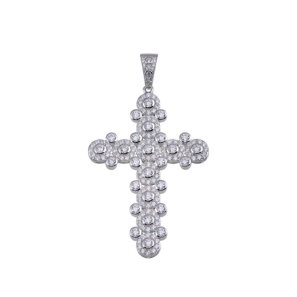 Rhodium Plated 925 Sterling Silver CZ Cross Hip Hop Pendant - SLP00159