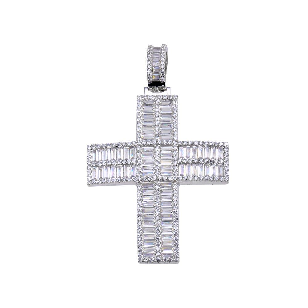 Rhodium Plated 925 Sterling Silver CZ Baguette Cross Hip Hop Pendant - SLP00161