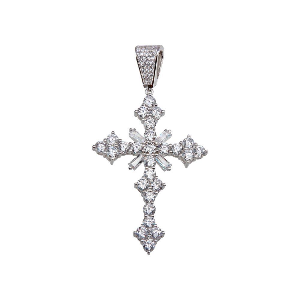 Rhodium Plated 925 Sterling Silver Baguette CZ Cross Hip Hop Pendant - SLP00163