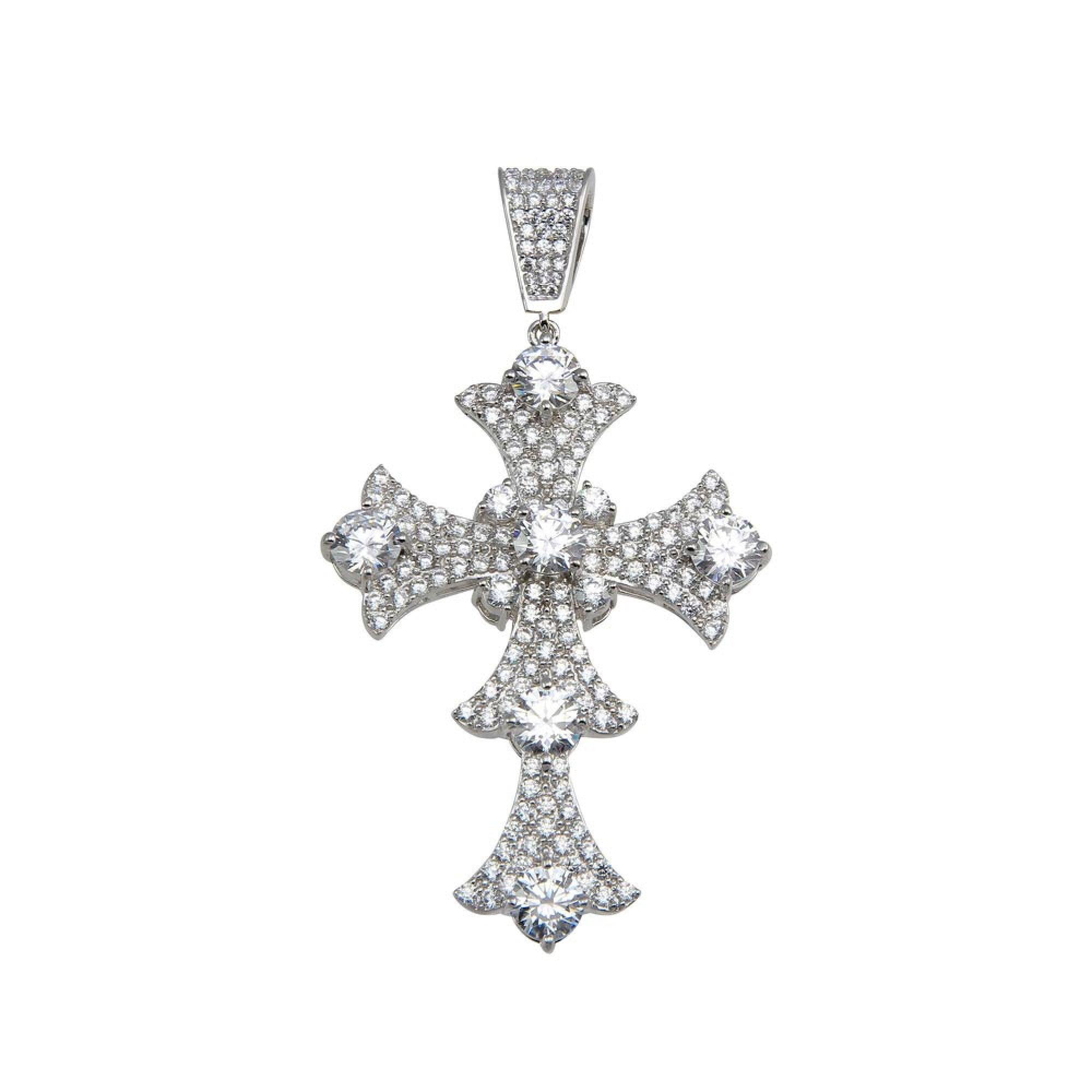 Rhodium Plated 925 Sterling Silver CZ Cross Hip Hop Pendant - SLP00164