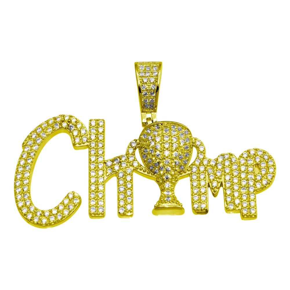 Gold Plated 925 Sterling Silver CZ Champ Hip Hop Pendant - SLP00166GP