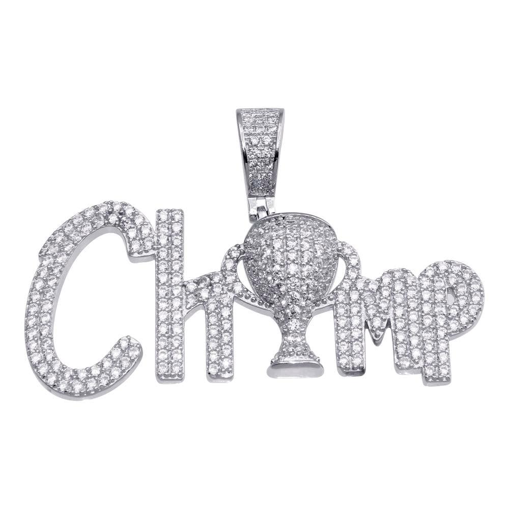 Rhodium Plated 925 Sterling Silver CZ Champ Hip Hop Pendant - SLP00166RH