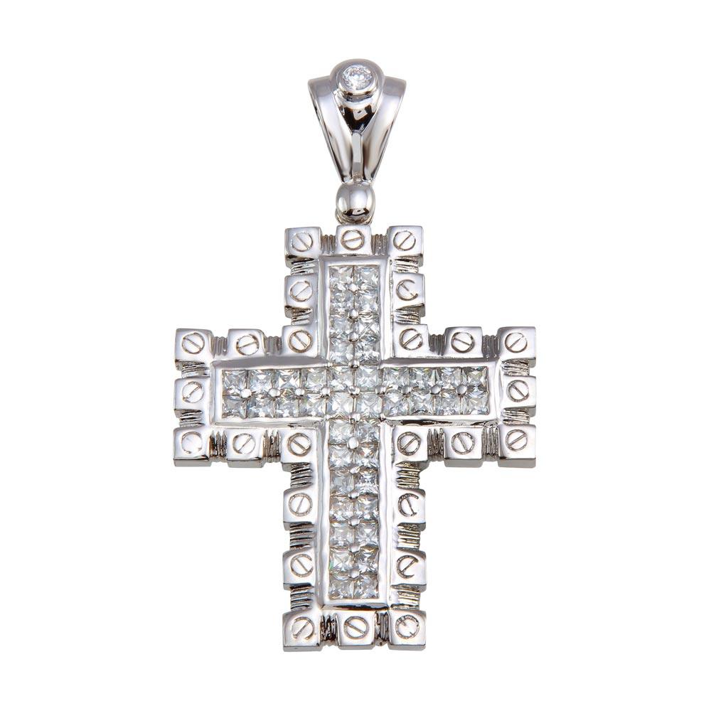 Rhodium Plated 925 Sterling Silver CZ Cross Hip Hop Pendant - SLP00167