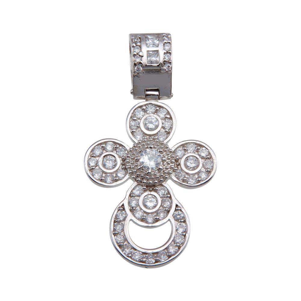 Rhodium Plated 925 Sterling Silver CZ Rounded Cross Hip Hop Pendant - SLP00168