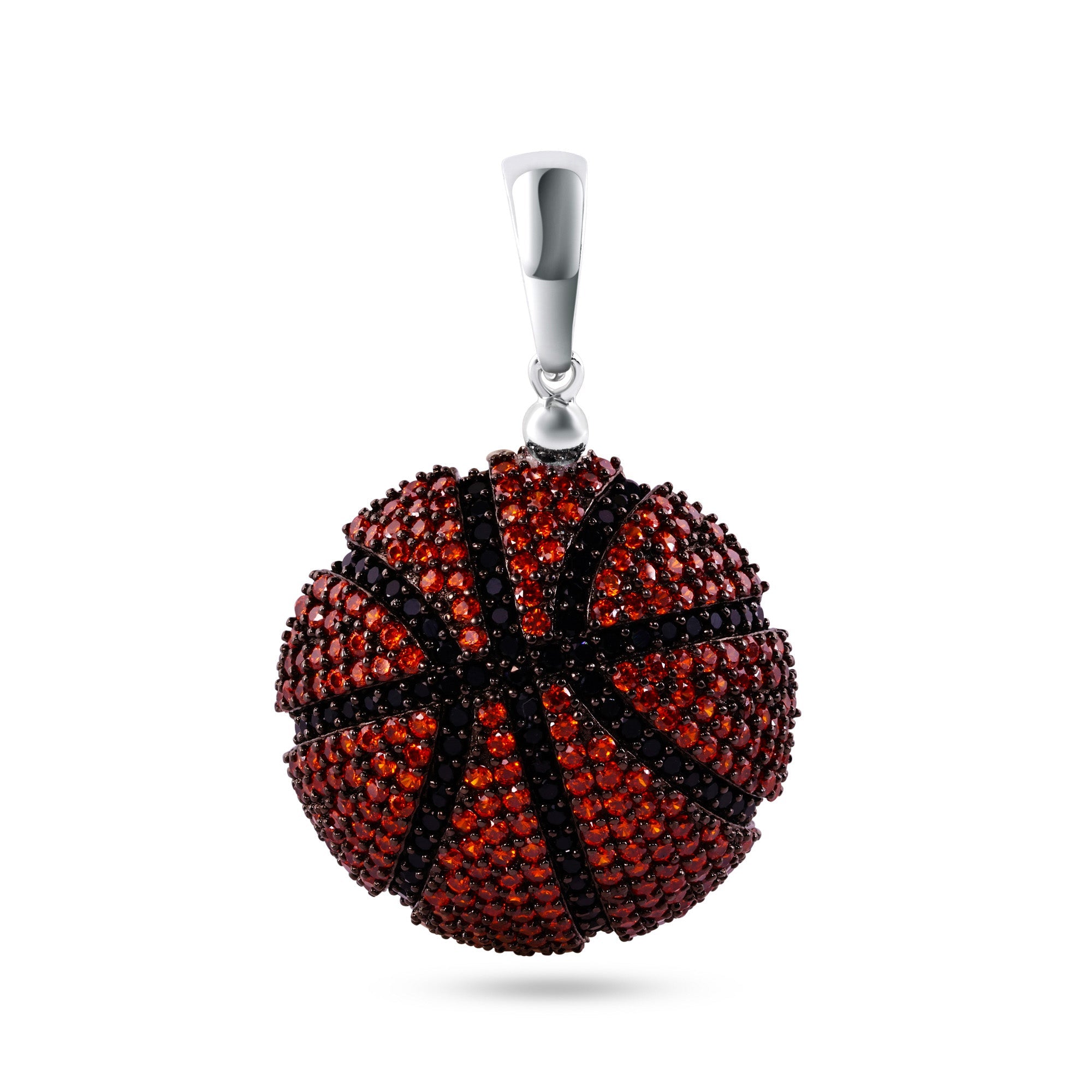 Rhodium Plated 925 Sterling Silver Basketball Black and Orange CZ Pendant - SLP00169BP