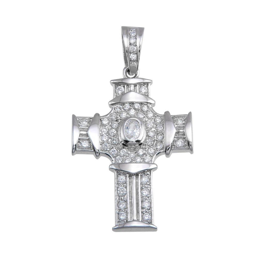 Rhodium Plated 925 Sterling Silver CZ Cross Hip Hop Pendant - SLP00172