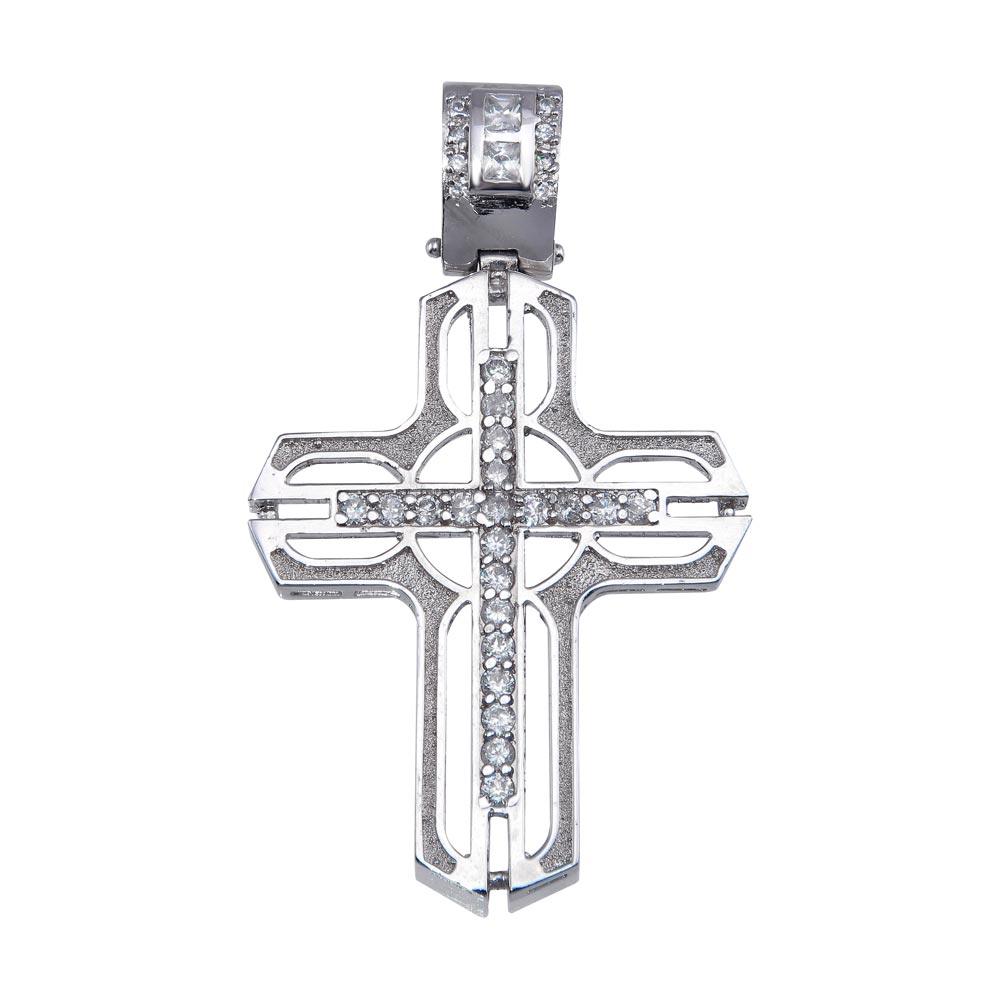 Rhodium Plated 925 Sterling Silver CZ Open Cross Hip Hop Pendant - SLP00173