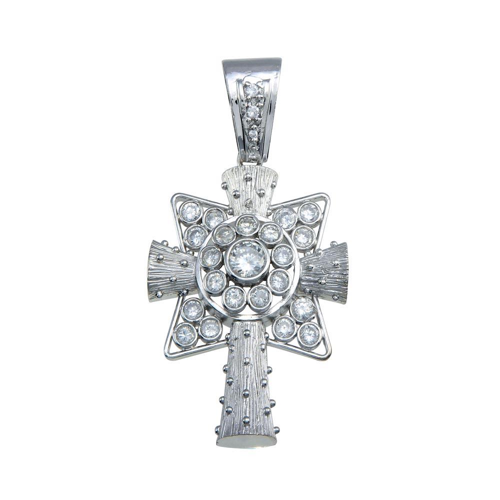 Rhodium Plated 925 Sterling Silver Cross Bubble CZ Hip Hop Pendant - SLP00174