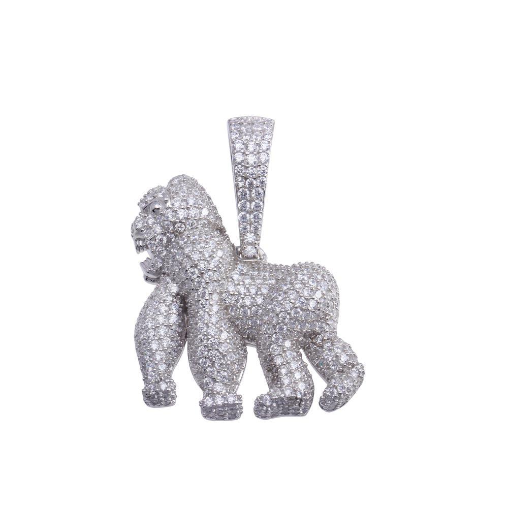 Rhodium Plated 925 Sterling Silver CZ Gorilla Hip Hop Pendant - SLP00175