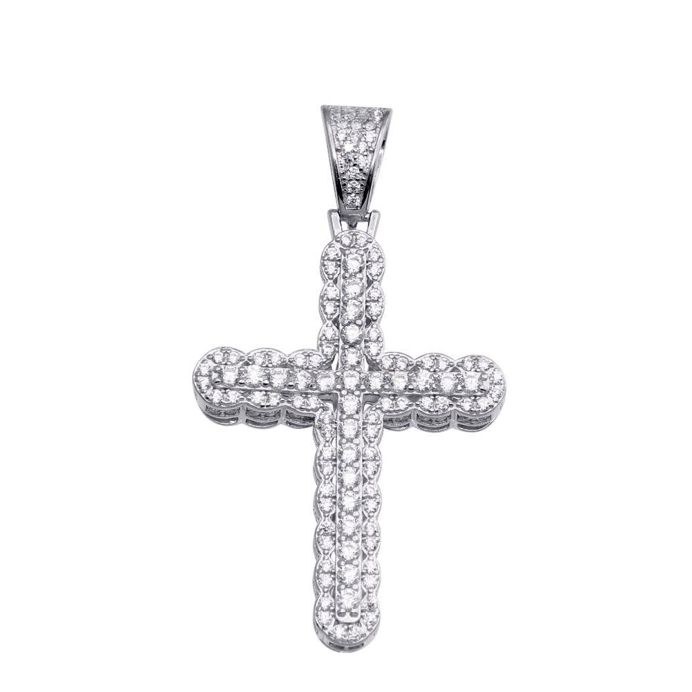 Rhodium Plated 925 Sterling Silver CZ Cross Hip Hop Pendant - SLP00177