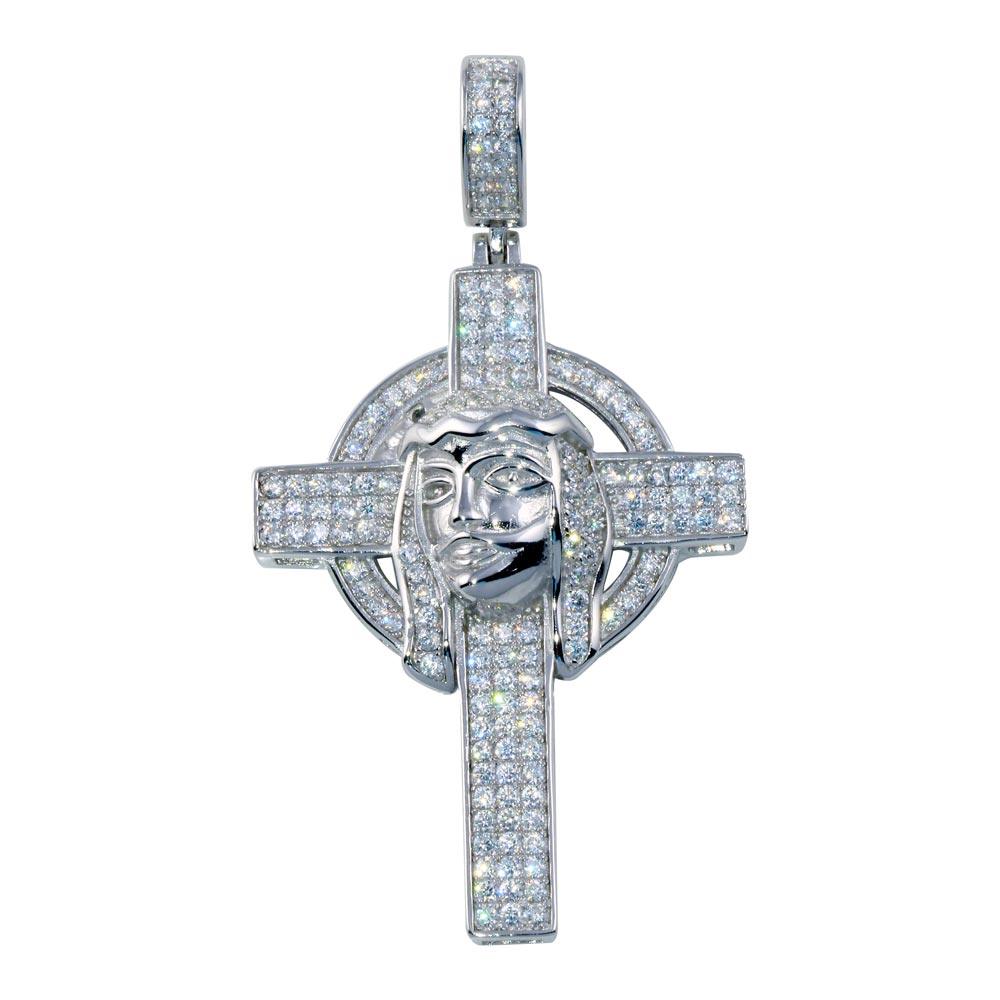 Rhodium Plated 925 Sterling Silver CZ Cross Hip Hop Pendant - SLP00178