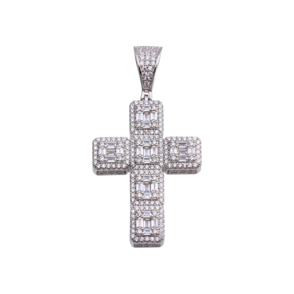 Rhodium Plated 925 Sterling Silver CZ Cross Hip Hop Pendant - SLP00182