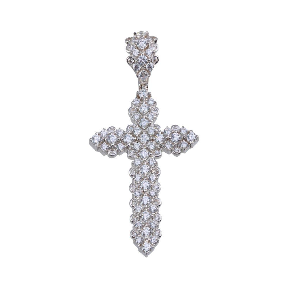 Rhodium Plated 925 Sterling Silver CZ Cross Hip Hop Pendant - SLP00183