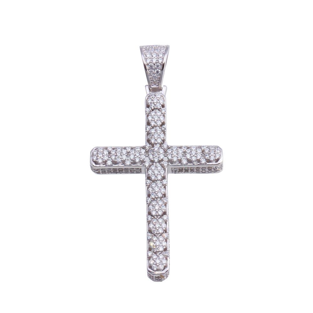 Rhodium Plated 925 Sterling Silver CZ Cross Hip Hop Pendant - SLP00184