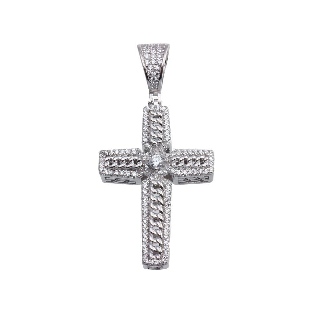 Rhodium Plated 925 Sterling Silver CZ Chain Cross Hip Hop Pendant - SLP00185