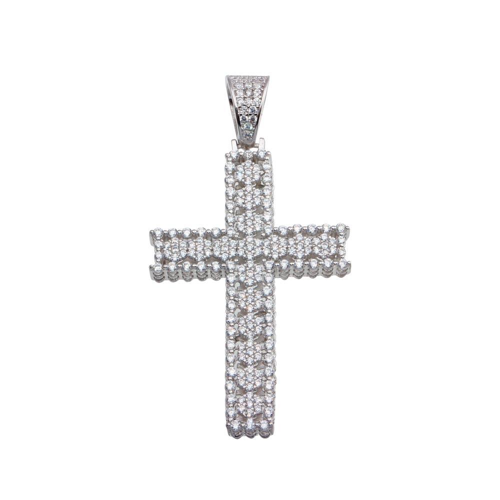 Rhodium Plated 925 Sterling Silver CZ Cross Hip Hop Pendant - SLP00186