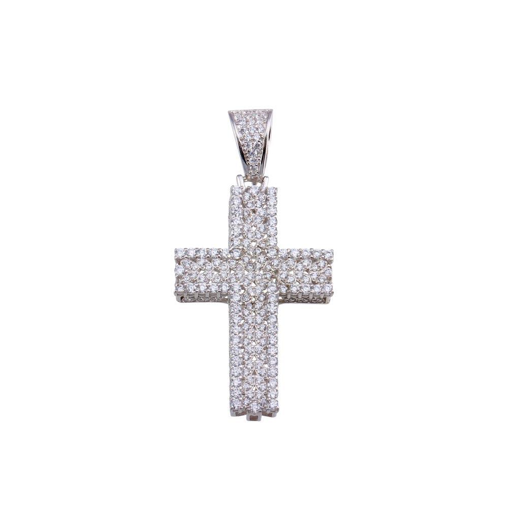 Rhodium Plated 925 Sterling Silver CZ Cross Hip Hop Pendant - SLP00187