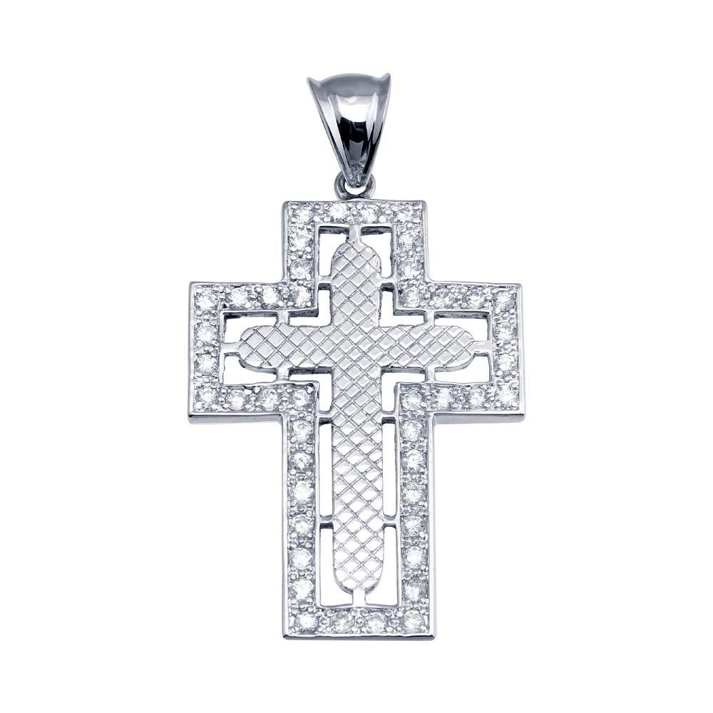 Rhodium Plated 925 Sterling Silver CZ Cross Hip Hop Pendant - SLP00188