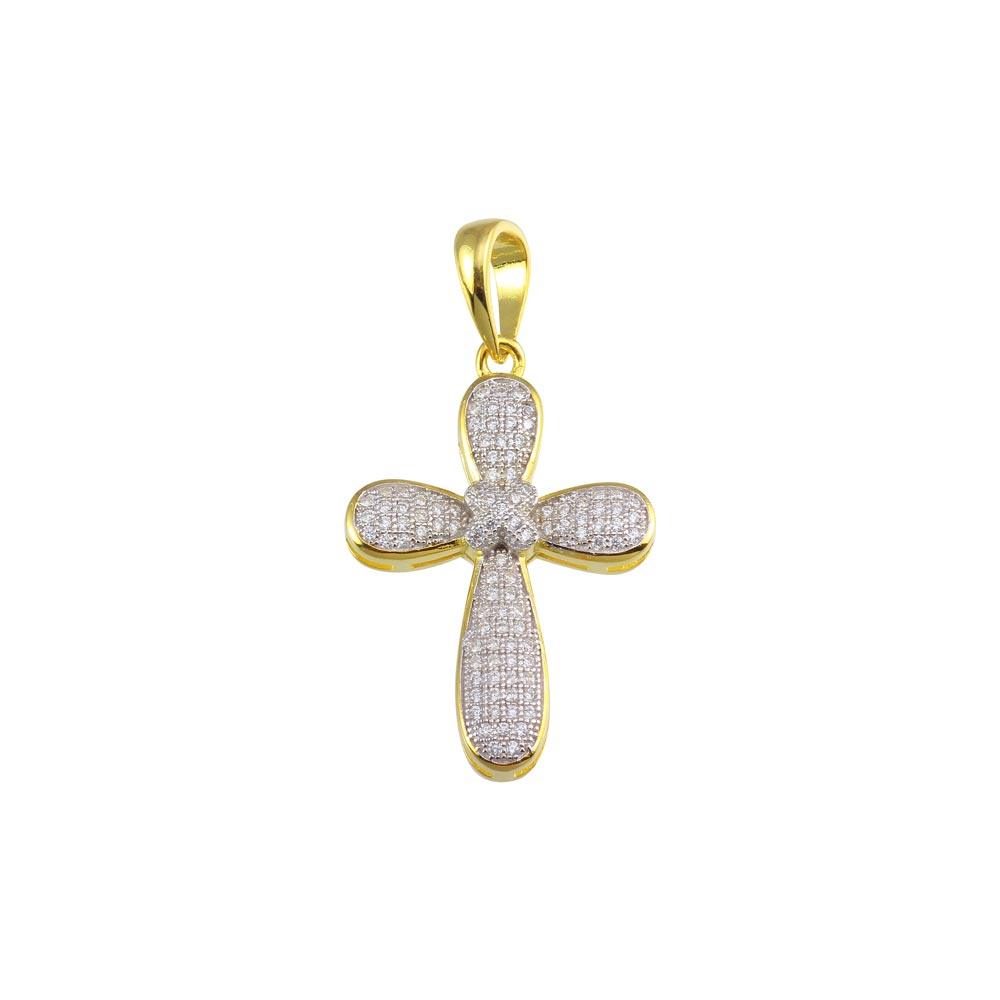 Gold Plated 925 Sterling Silver CZ Cross Hip Hop Pendant - SLP00190GP