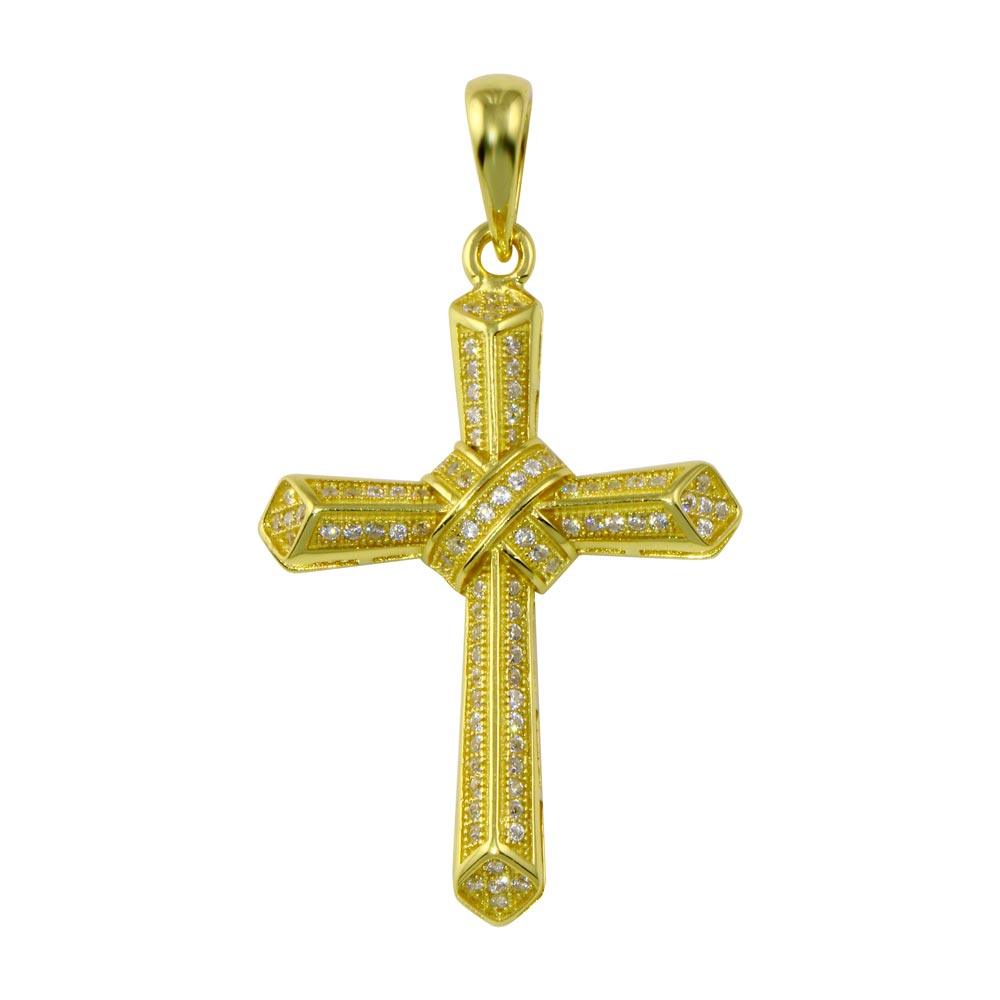 Rhodium Plated 925 Sterling Silver CZ Cross Hip Hop Pendant - SLP00191GP