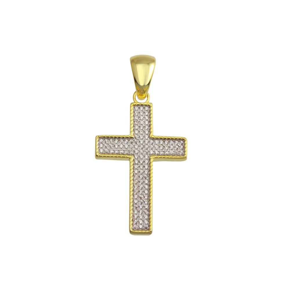 Gold Plated 925 Sterling Silver CZ Cross Hip Hop Pendant - SLP00193GP