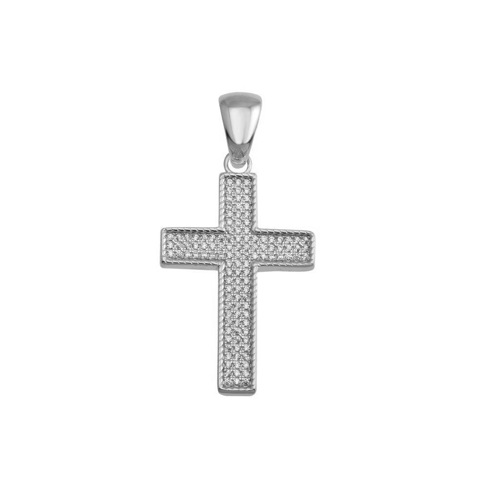 Rhodium Plated 925 Sterling Silver CZ Cross Hip Hop Pendant - SLP00193