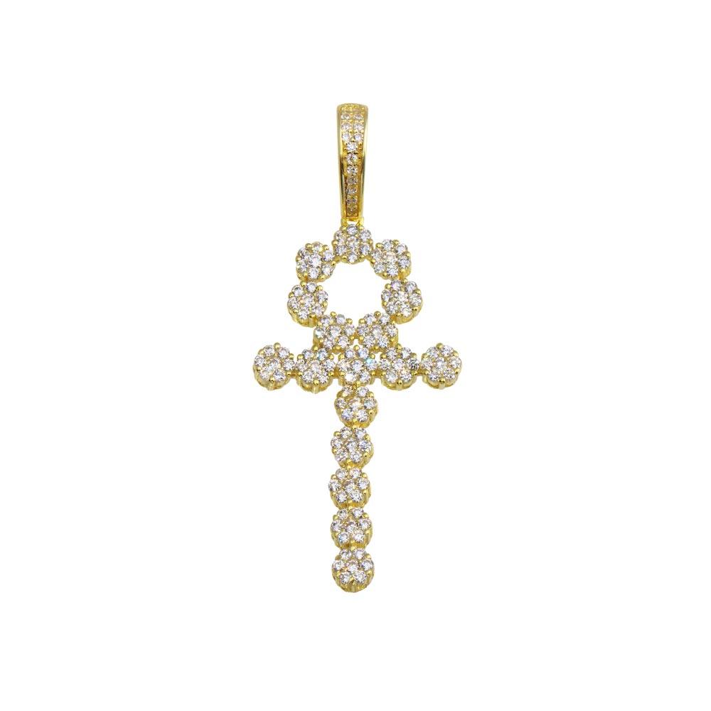 Gold Plated 925 Sterling Silver CZ Bubble Cross Hip Hop Pendant - SLP00194GP