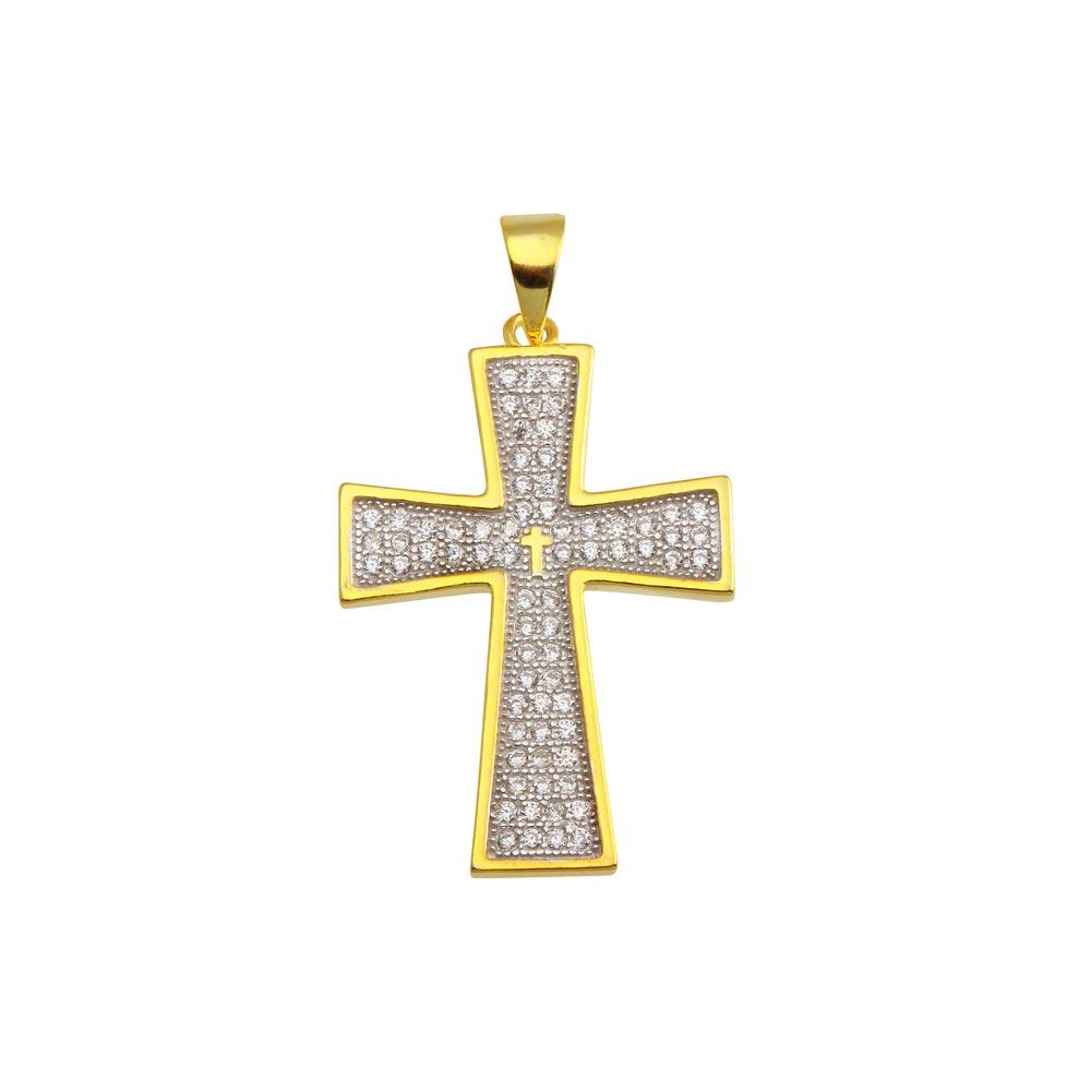 Gold Plated 925 Sterling Silver Cross CZ Hip Hop Pendant - SLP00195GP