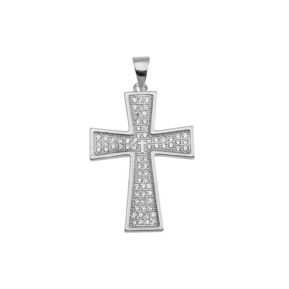 Rhodium Plated 925 Sterling Silver Cross CZ Hip Hop Pendant - SLP00195