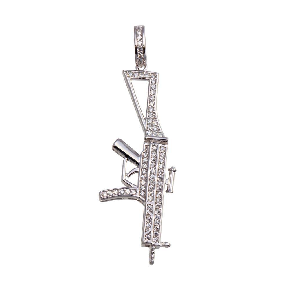 Rhodium Plated 925 Sterling Silver Riffle CZ Hip Hop Pendant - SLP00201RH