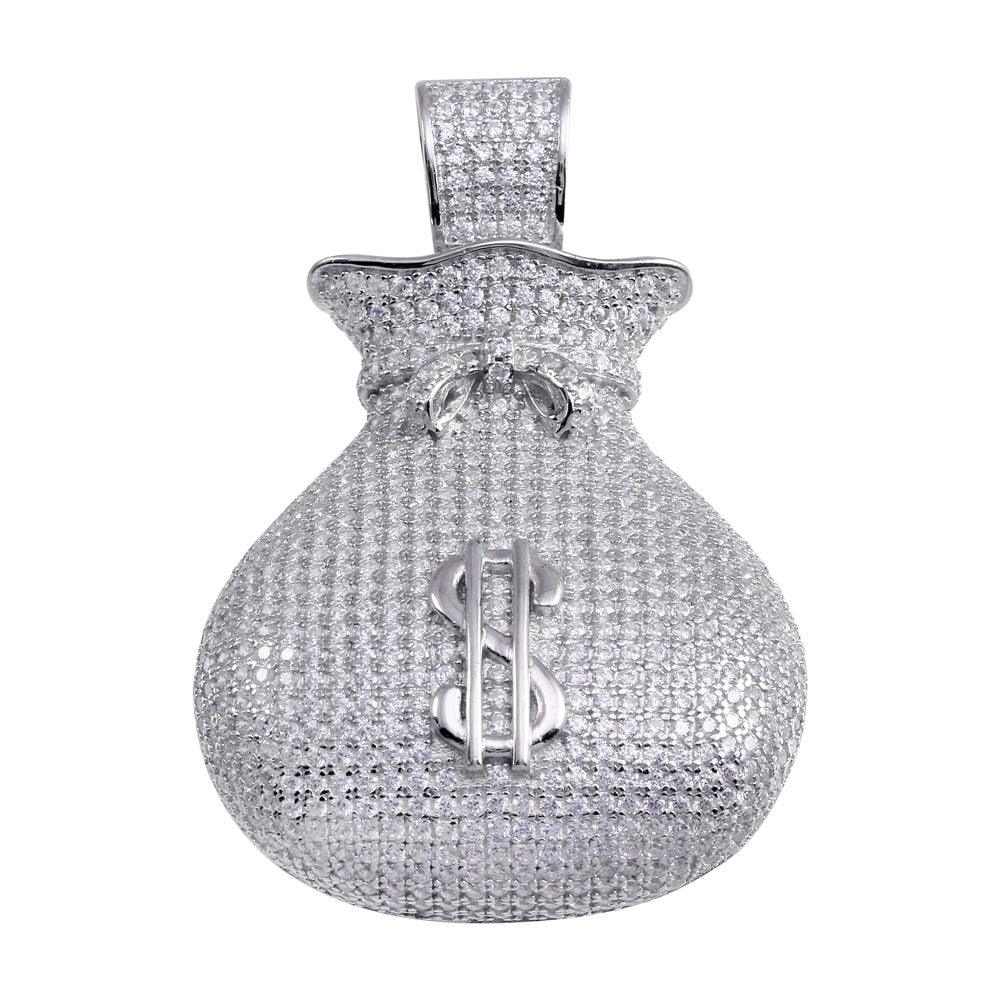 Rhodium Plated 925 Sterling Silver CZ Money Bag Hip Hop Pendant - SLP00204RH