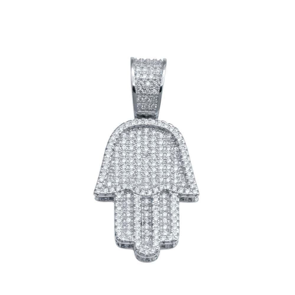 Rhodium Plated 925 Sterling Silver CZ Hamsa Hand Hip Hop Pendant - SLP00233