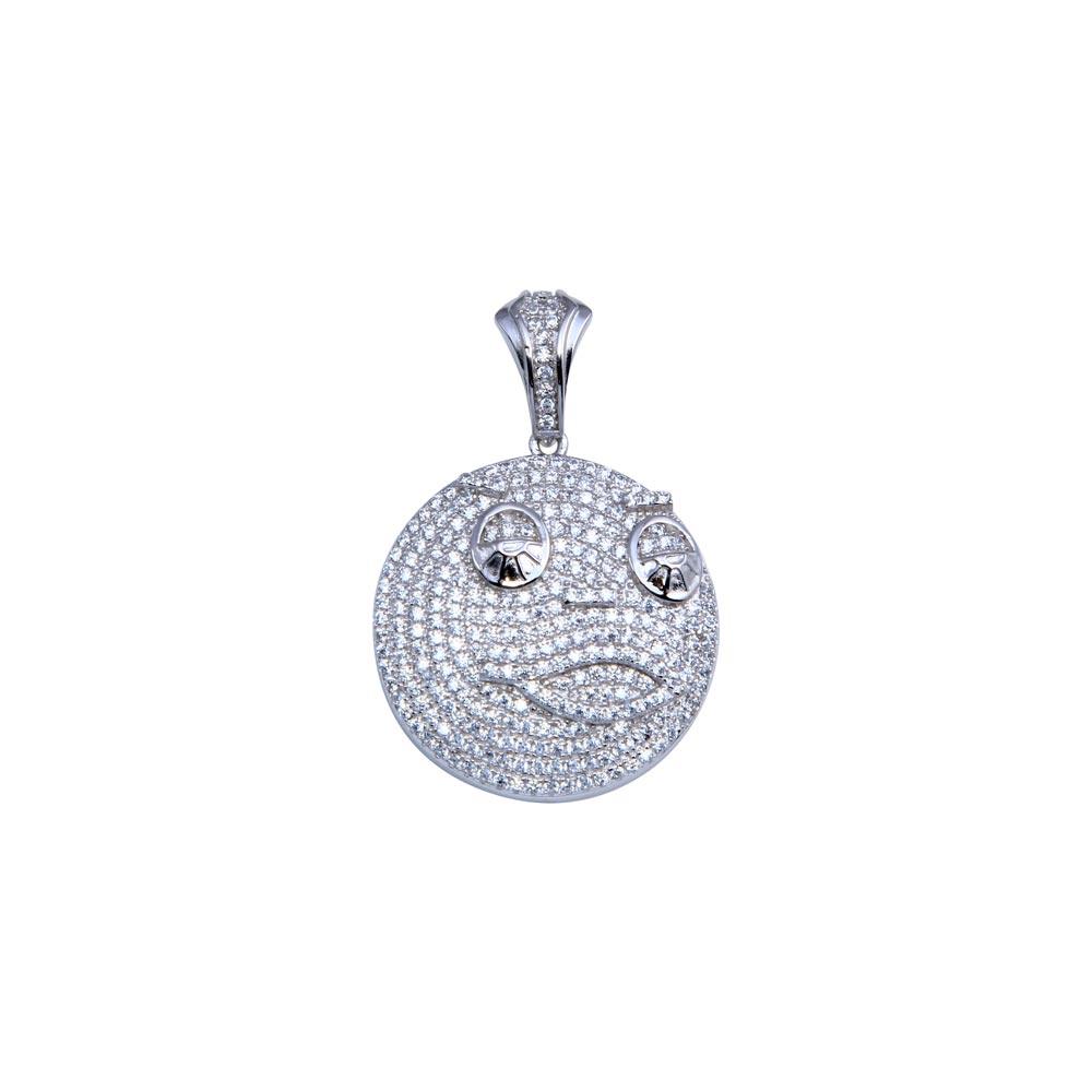 Rhodium Plated 925 Sterling Silver CZ Round Face Pendant - SLP00235RH