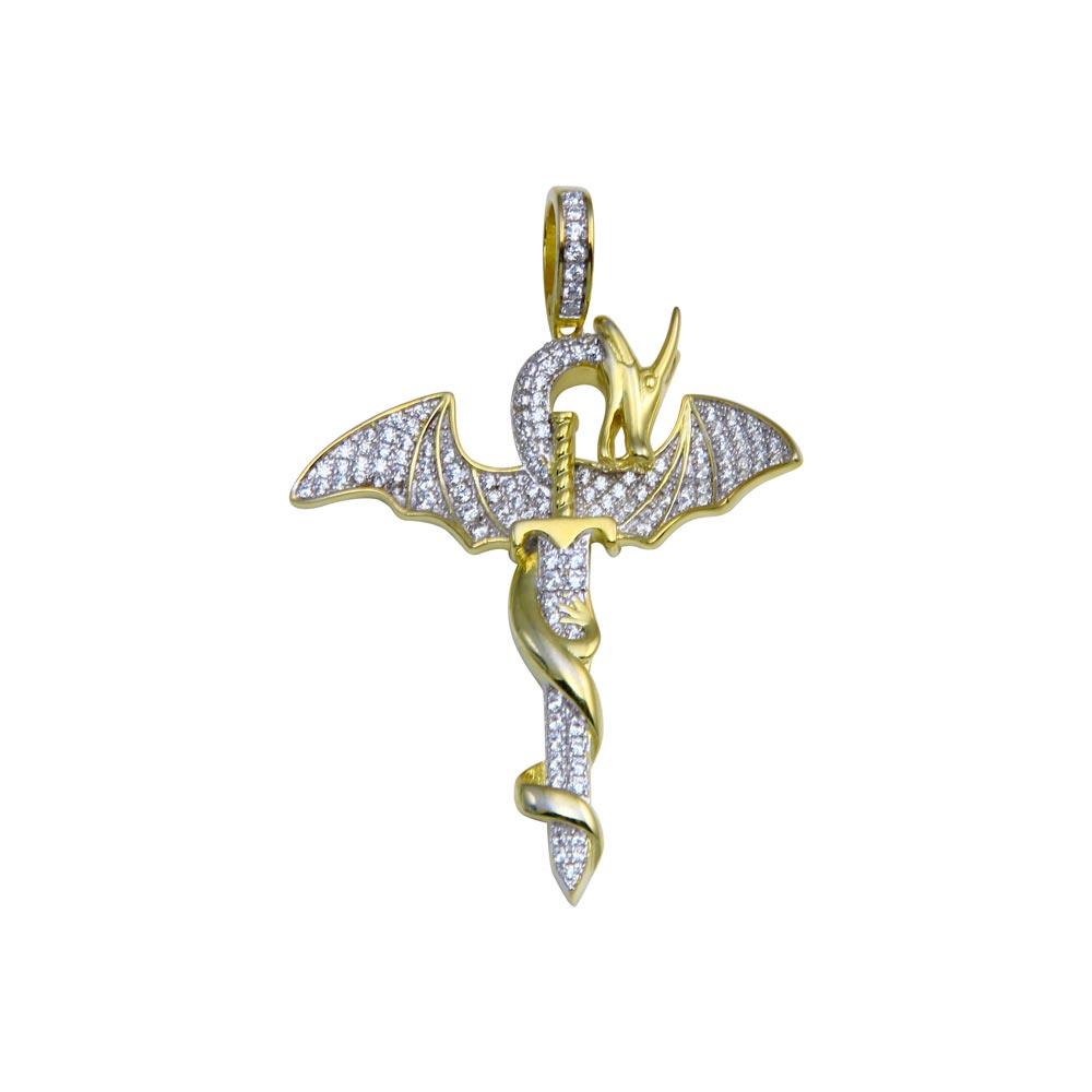 Gold Plated 925 Sterling Silver CZ Dragon Sword Pendant - SLP00239