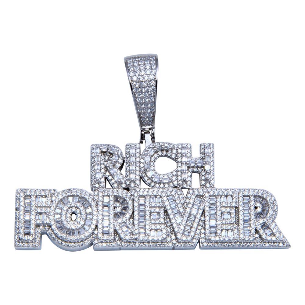 Rhodium Plated 925 Sterling Silver CZ FOREVER RICH Hip Hop Pendant - SLP00243