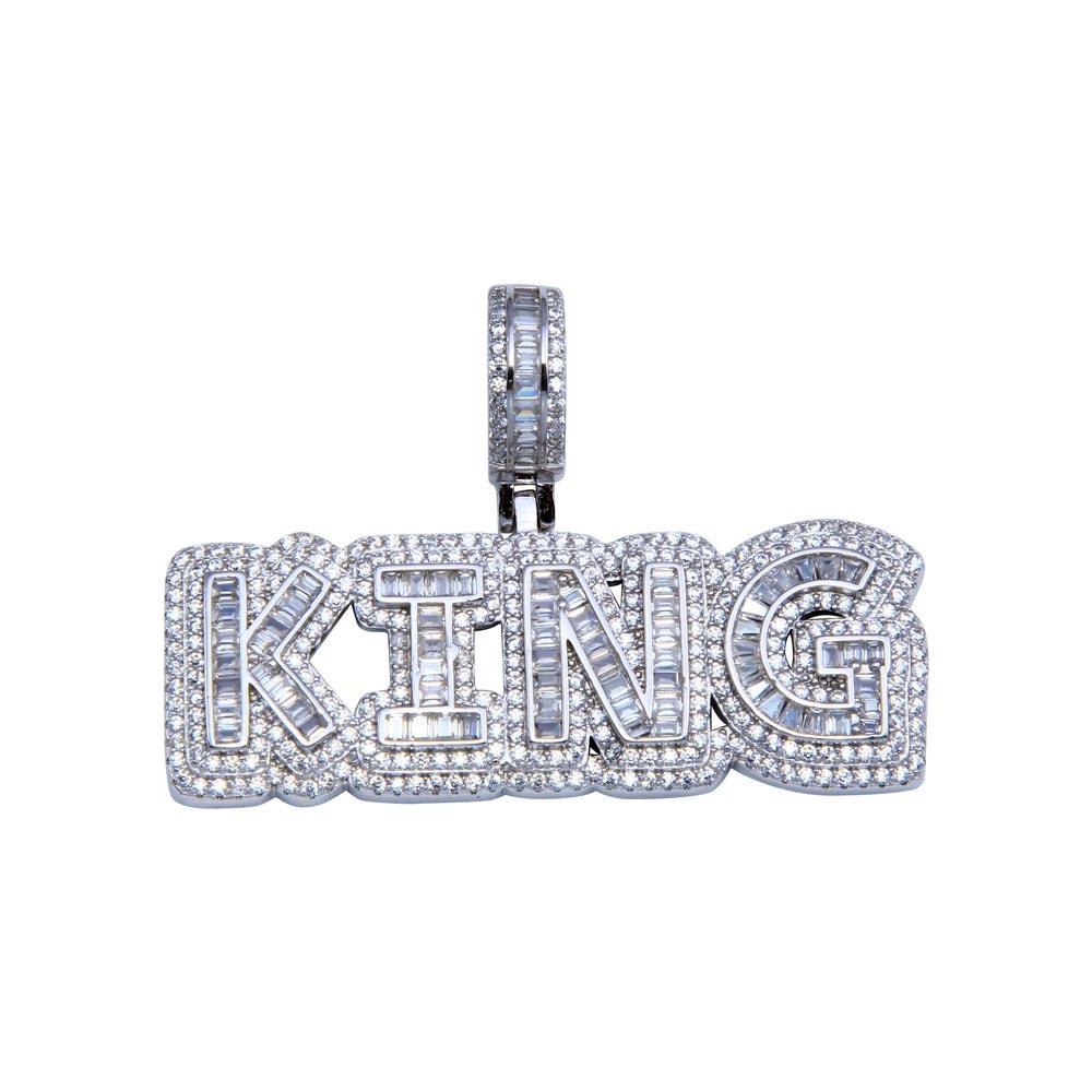 Rhodium Plated 925 Sterling Silver CZ KING Hip Hop Pendant - SLP00244