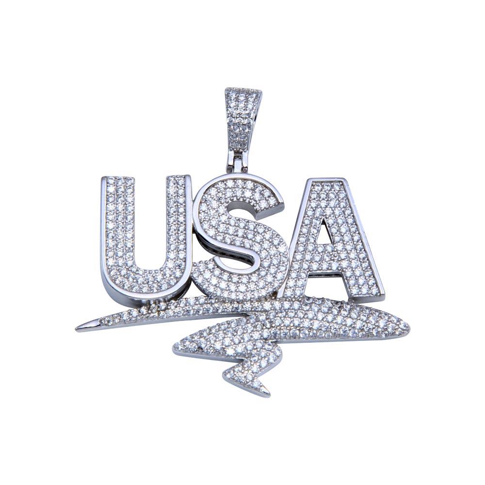 Rhodium Plated 925 Sterling Silver CZ USA Hip Hop Pendant - SLP00247