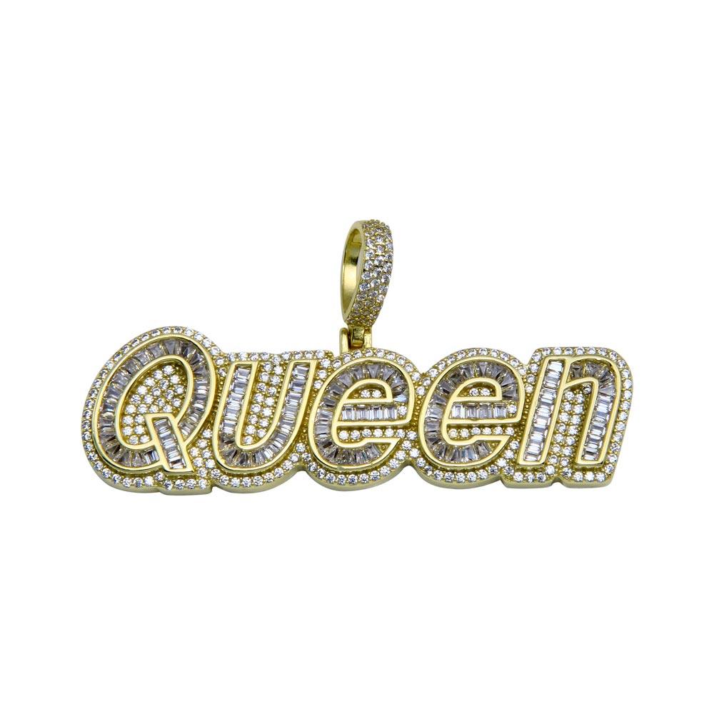 Gold Plated 925 Sterling Silver CZ QUEEN Hip Hop Pendant - SLP00248GP