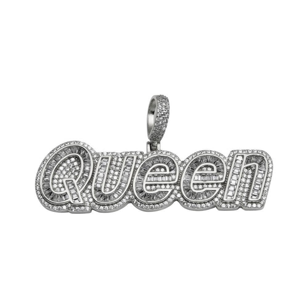 Rhodium Plated 925 Sterling Silver CZ QUEEN Hip Hop Pendant - SLP00248RH