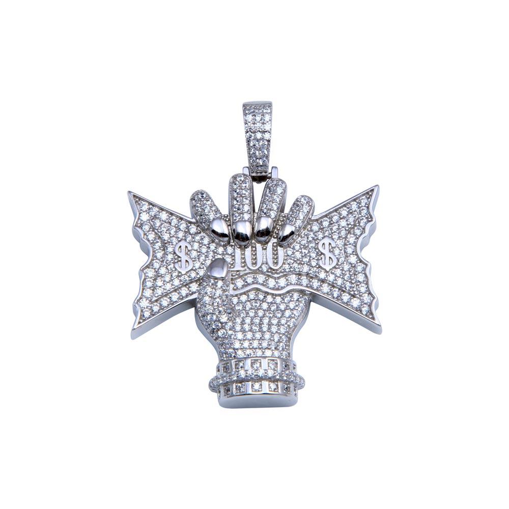 Rhodium Plated 925 Sterling Silver CZ CASH CRUNCH Hip Hop Pendant - SLP00251