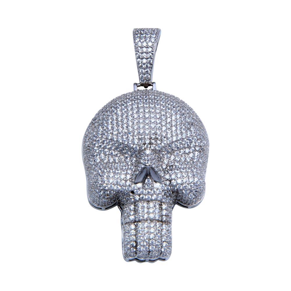 Rhodium Plated 925 Sterling Silver CZ Encrusted Skull Hip Hop Pendant - SLP00252