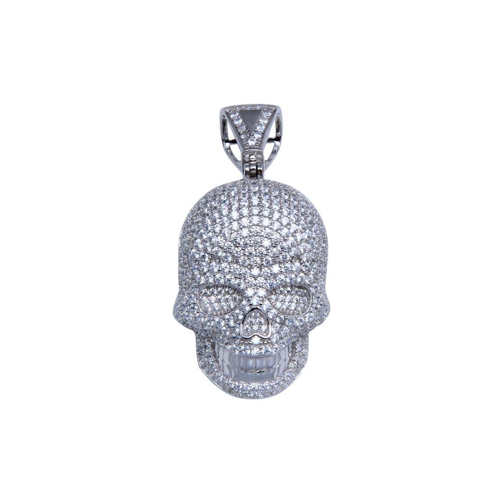 Rhodium Plated 925 Sterling Silver CZ Encrusted Skull Hip Hop Pendant - SLP00253