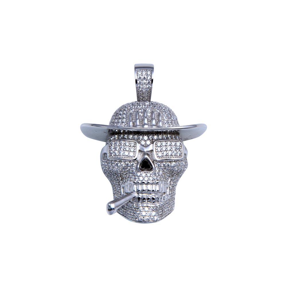 Rhodium Plated 925 Sterling Silver CZ Cowboy Skull Hip Hop Pendant - SLP00255