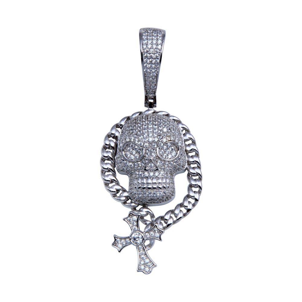 Rhodium Plated 925 Sterling Silver CZ Skull Hip Hop Pendant - SLP00256